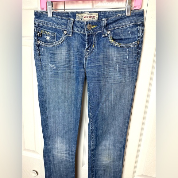MEK Denim Acapulco Straight Jeans Medium Distressed Wash Slim Skinny Low Rise - Picture 3 of 12